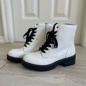 Nordstrom Rack- Sugar White Faux Leather Croc Combat Moto Boots